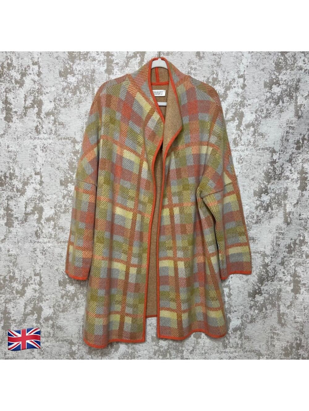Toast Pastel Plaid 100% Geelong Wool Cardigan Coat
